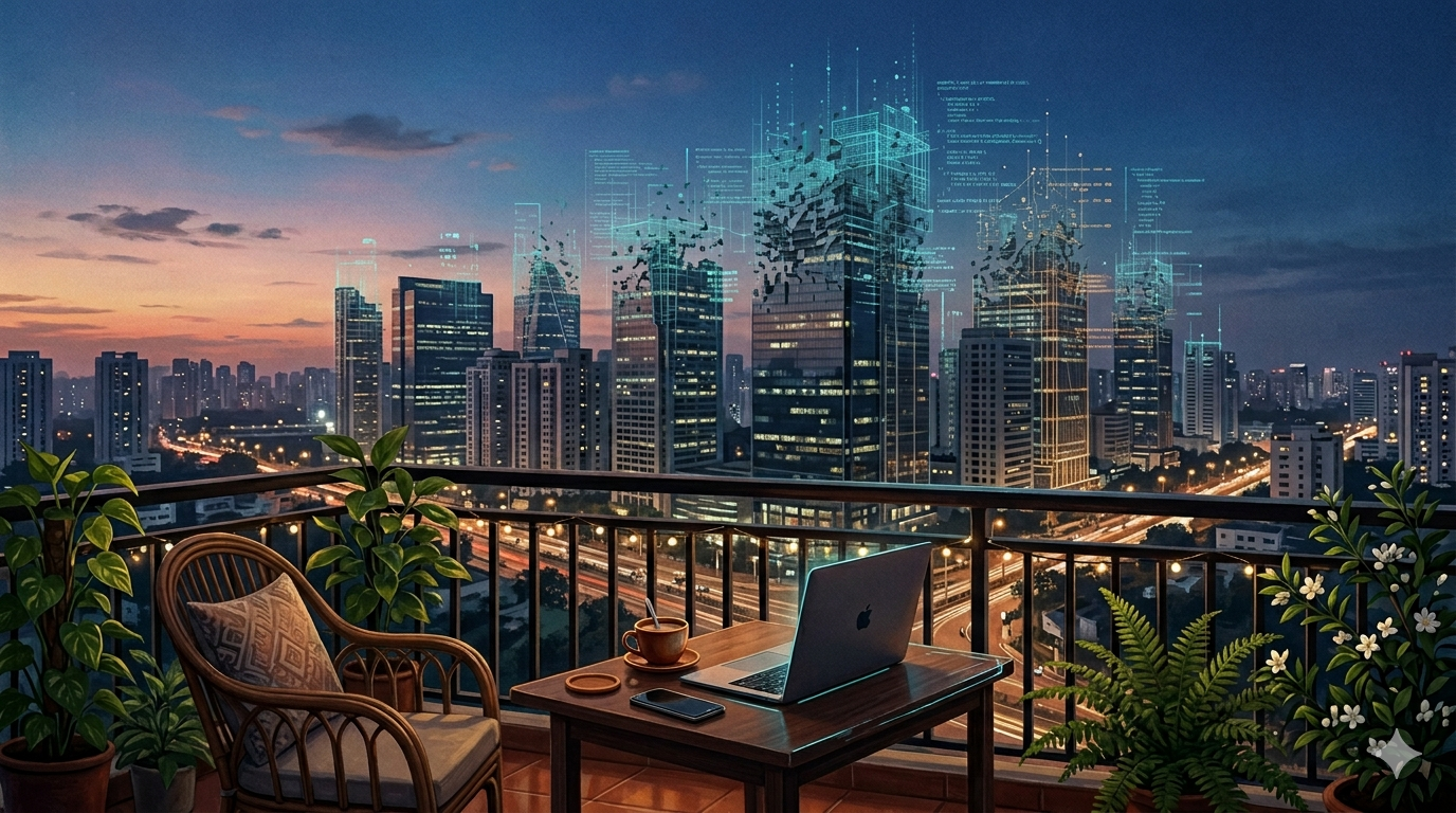 A skyline dissolving back into the code that built it.