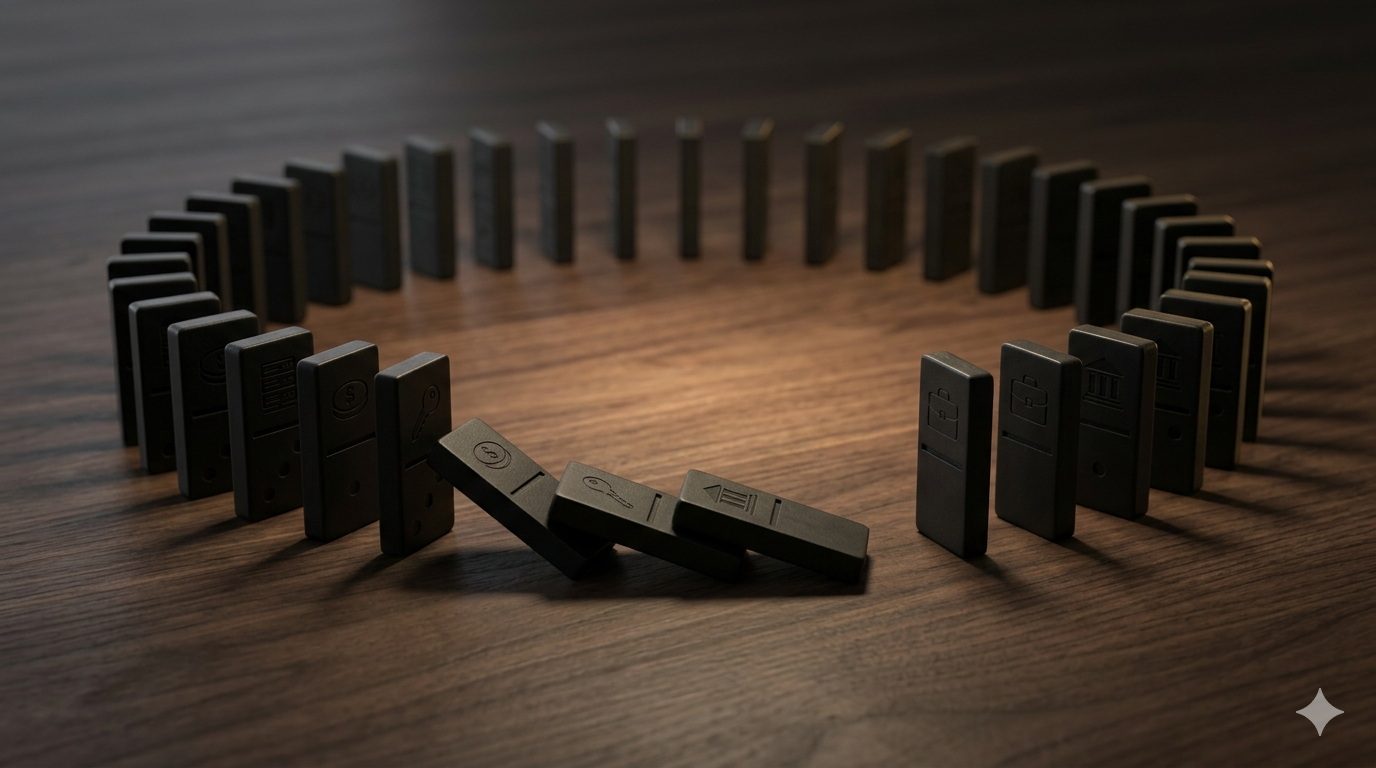 A closed loop of dominoes — the moment before the chain reaction completes.