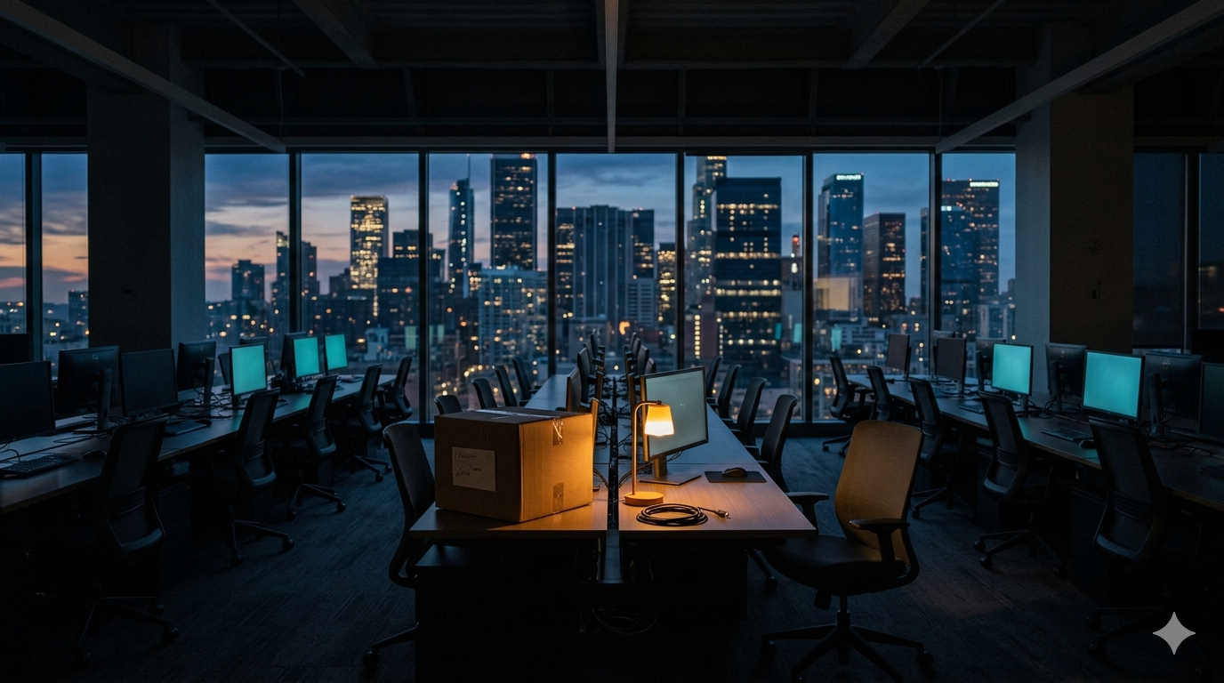 An empty modern office at dusk — chairs at desks, a single cardboard moving box, monitors faintly glowing, the city skyline through the windows.
