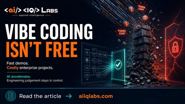 Poster: Vibe coding isn’t free — fast demos, costly enterprise projects. A clean architecture diagram beside a collapsing stack of modules and token costs.